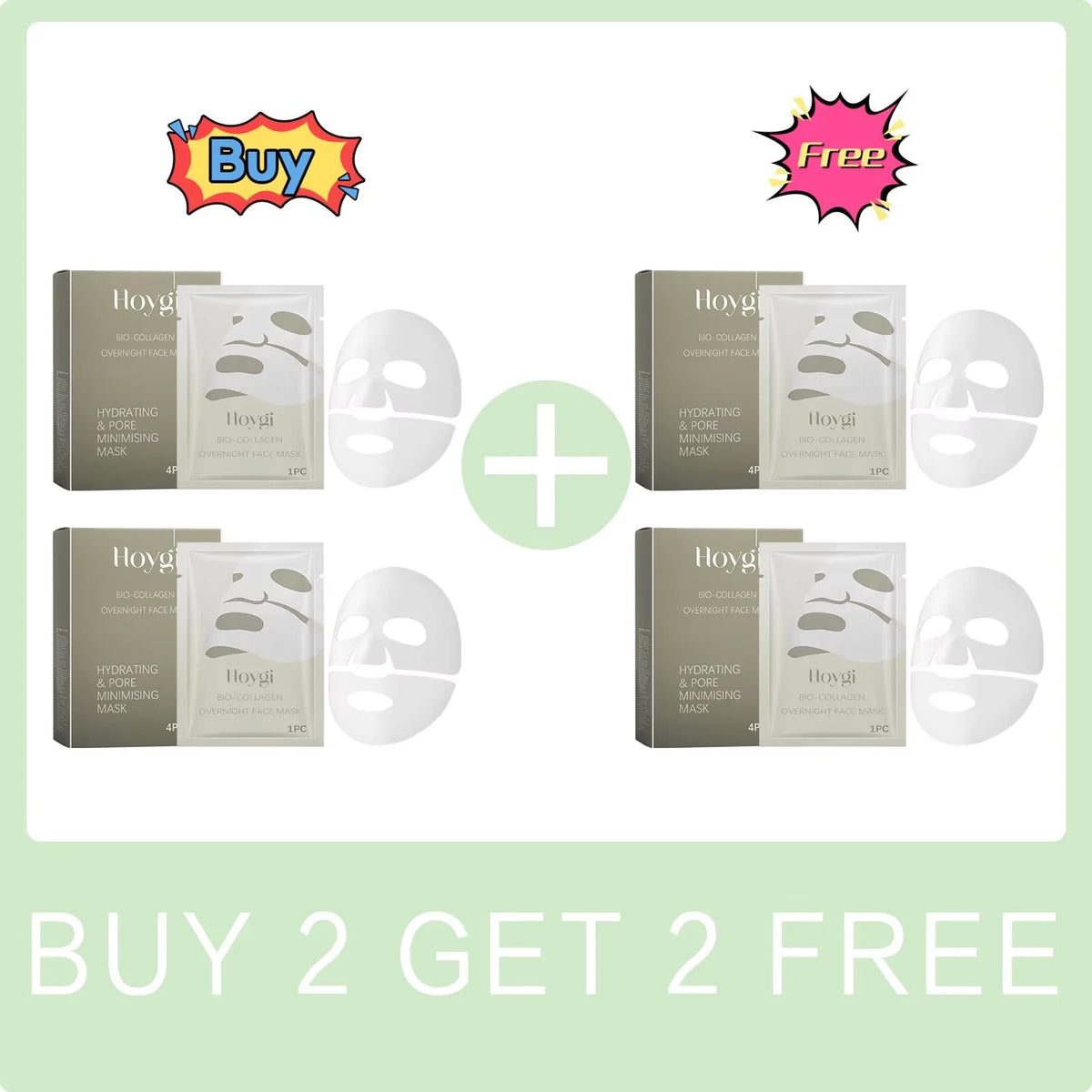 Hoyng facial mask packages with promotional text on a light green background