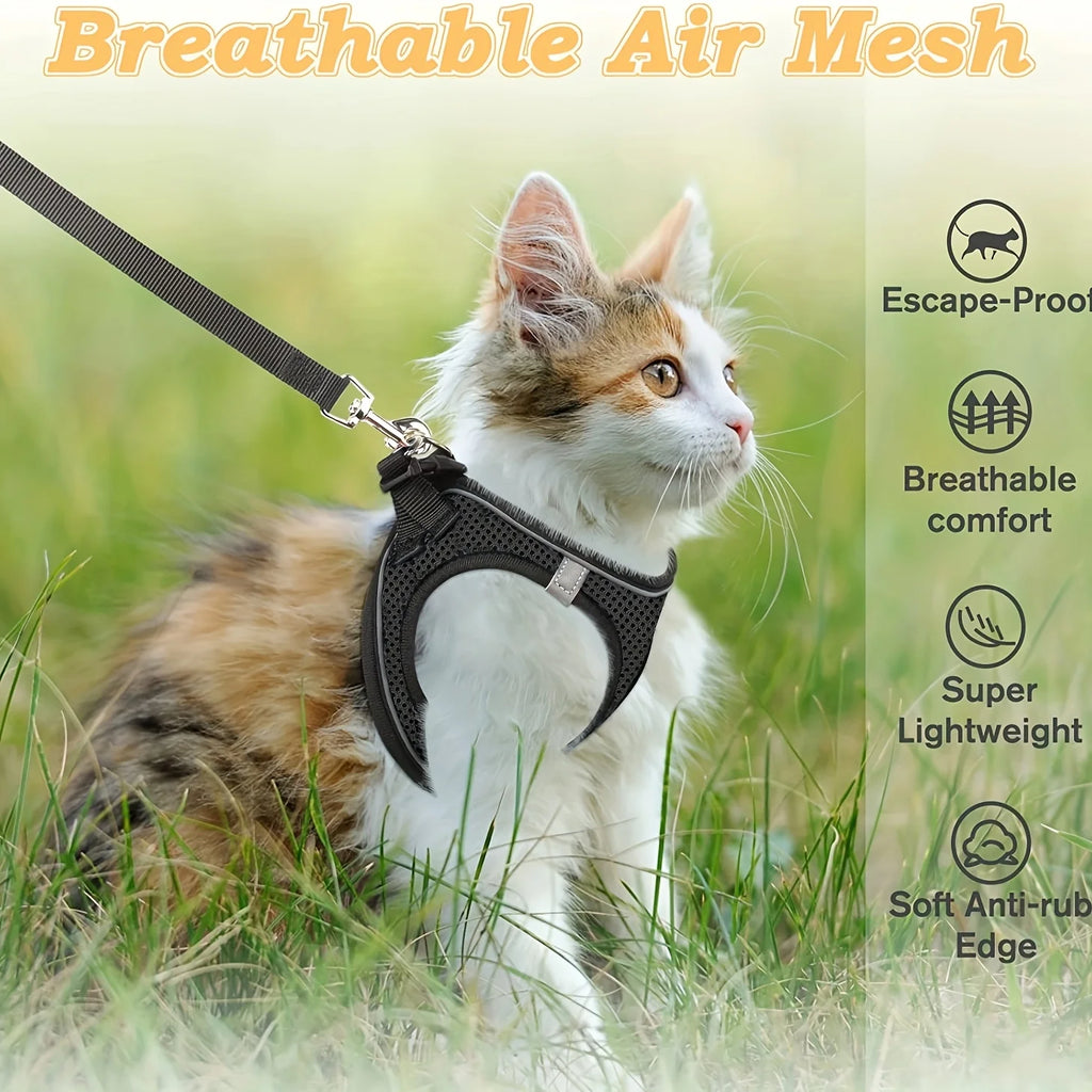 Cat wearing a black breathable air mesh harness in a grassy field with product features listed on the right.