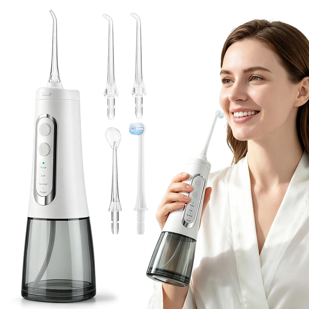 A white and dark gray oral irrigator water flosser shown with multiple nozzle tips and a cleaning head, alongside a smiling woman in a white robe holding the device.
