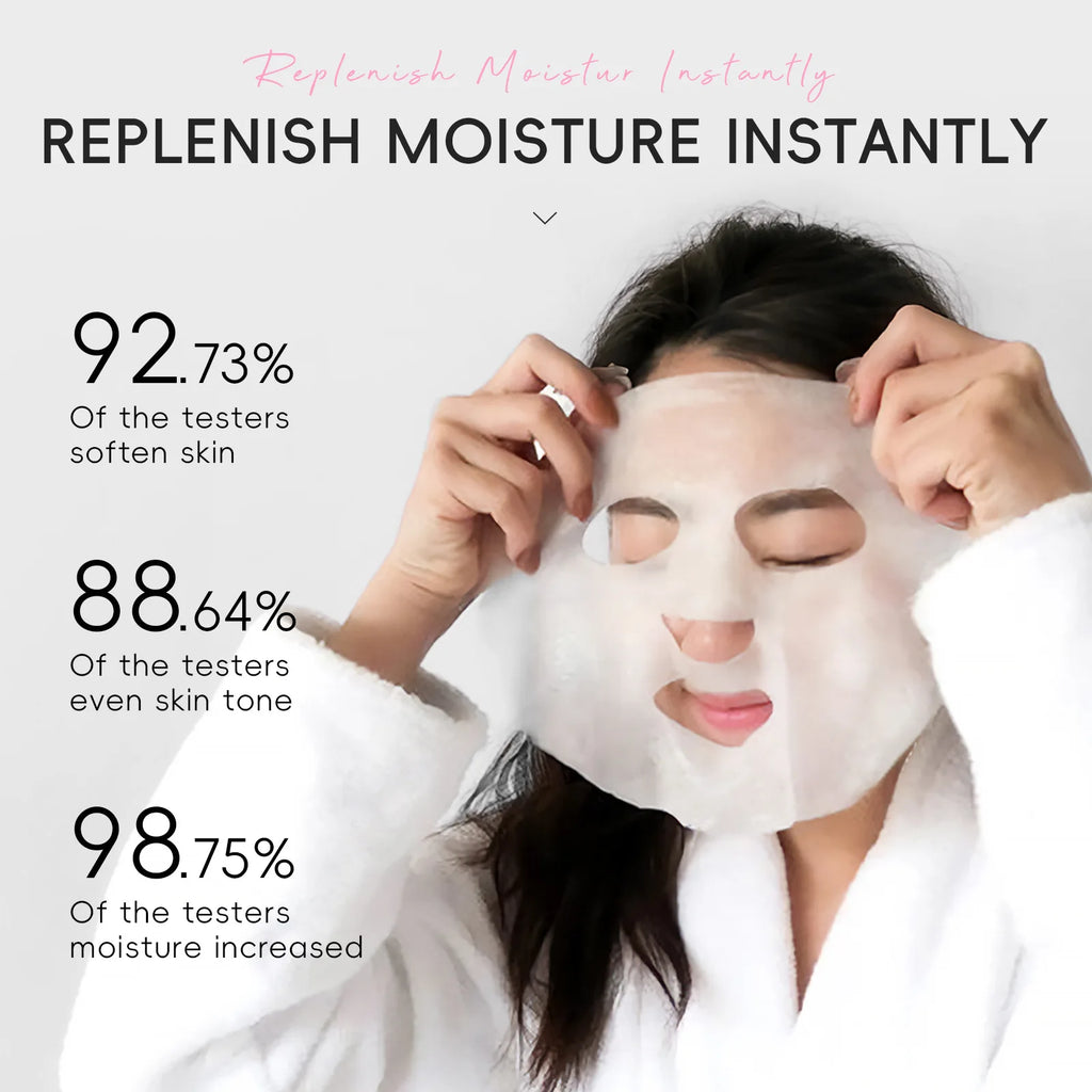 Woman applying a face mask with statistics on skin benefits on a white background