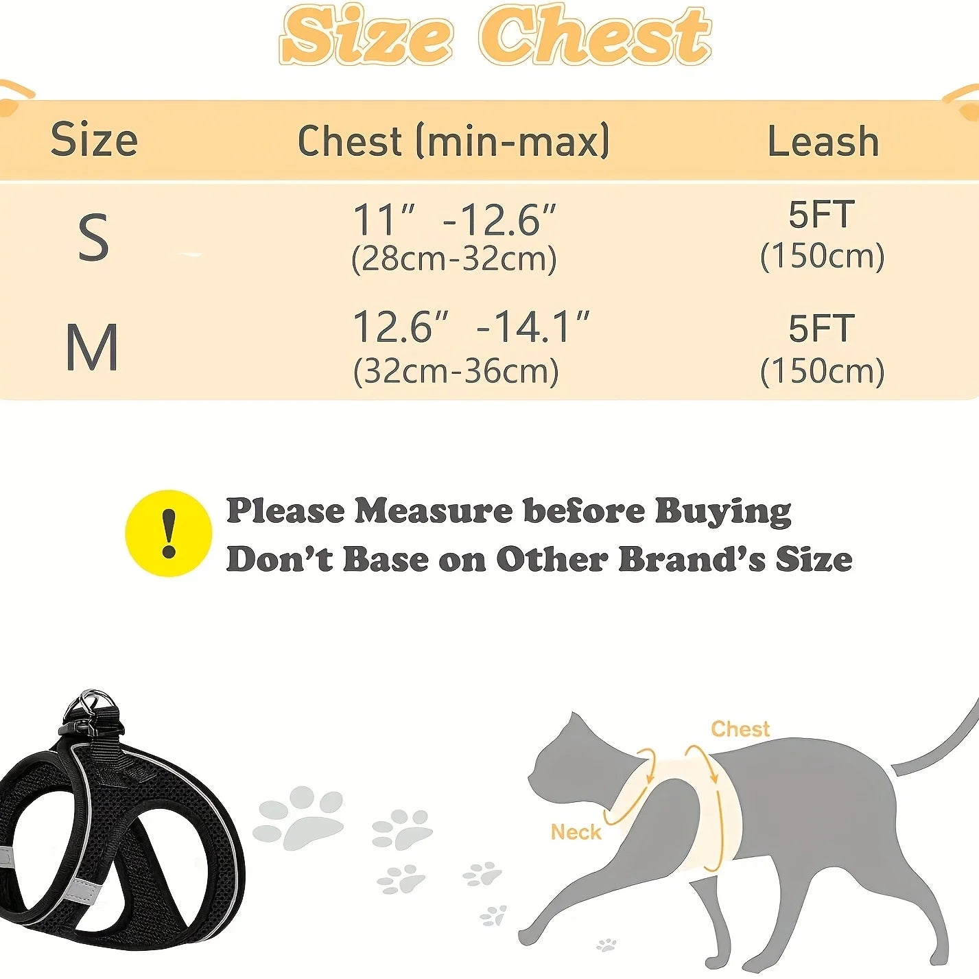 Cat harness size chart with measurements and a warning to measure before buying.