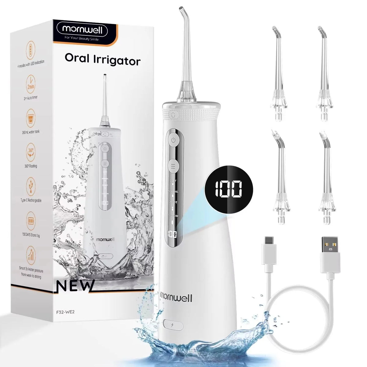Mornwell oral irrigator with packaging, nozzles, and USB cable on a white background