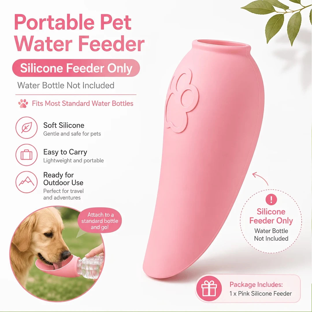 A pink silicone portable pet water feeder shown on a white background with product text, feature icons, a small inset photo of a dog drinking from the feeder, and a note that the water bottle is not included.