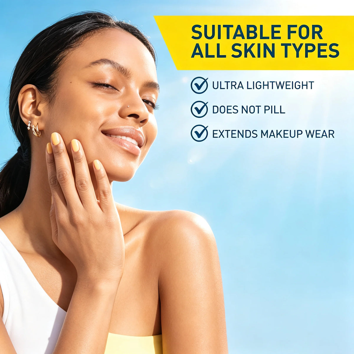 A woman with closed eyes and a smile touching her face, set against a bright blue sky background, with text that reads 'SUITABLE FOR ALL SKIN TYPES' and bullet points about lightweight makeup that does not pill and extends wear.