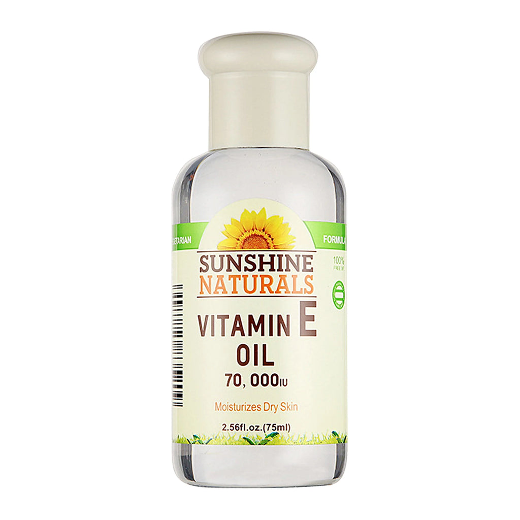 Bottle of Sunshine Naturals Vitamin E Oil on a white background