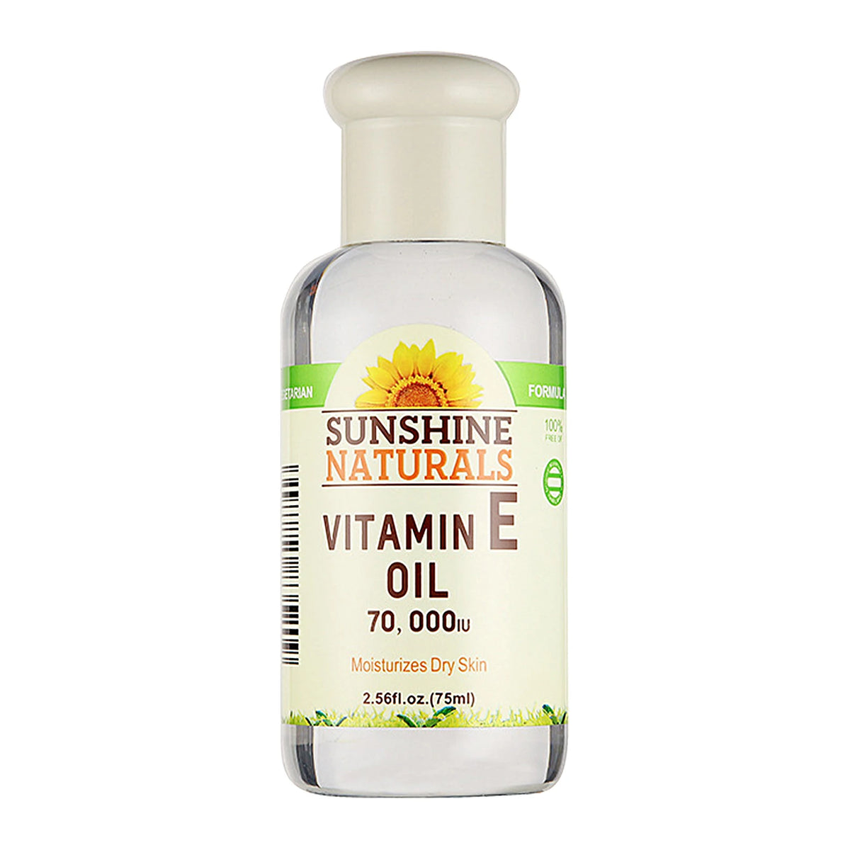 Bottle of Sunshine Naturals Vitamin E Oil on a white background
