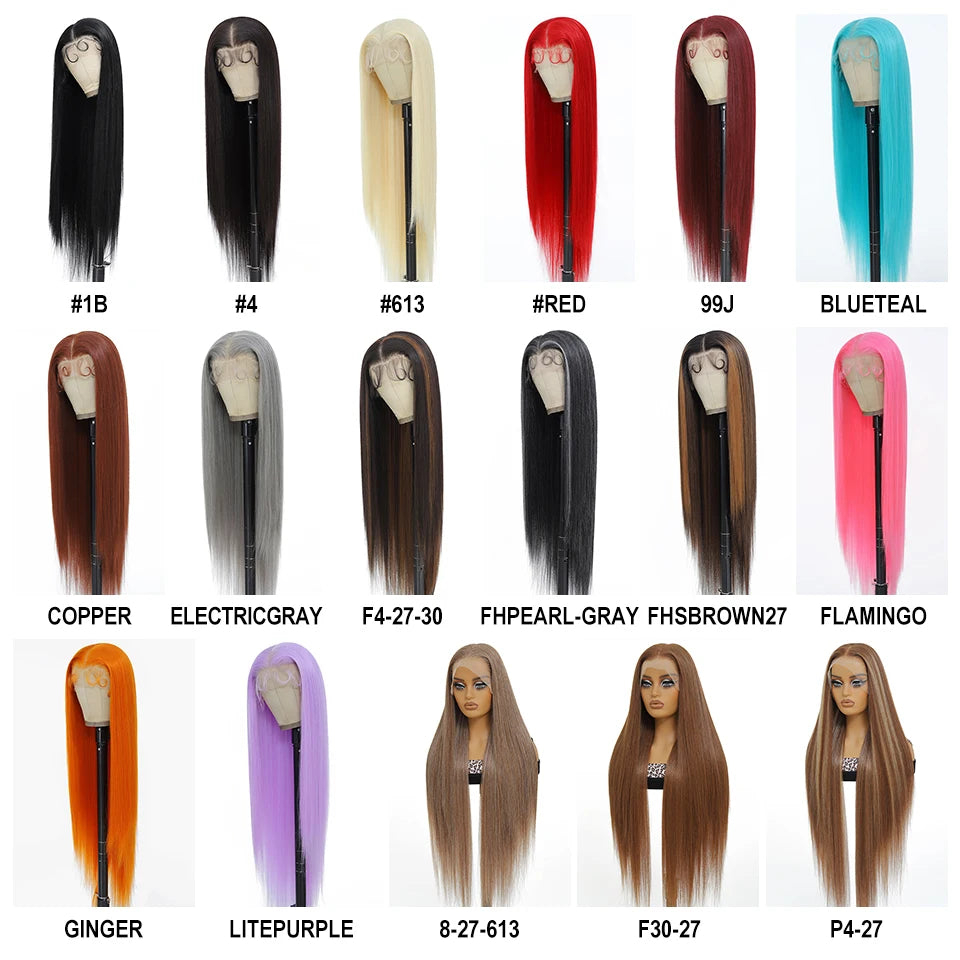 A catalog grid showing 20 straight wig styles on mannequin heads, each labeled with a color code or name such as #1B, #4, #613, #RED, #99J, BLUETEAL, COPPER, ELECTRICGRAY, F4-27-30, FHPEARL-GRAY, FHSBROWN27, FLAMINGO, GINGER, LITEPURPLE, 8-27-613, F30-27, and P4-27.