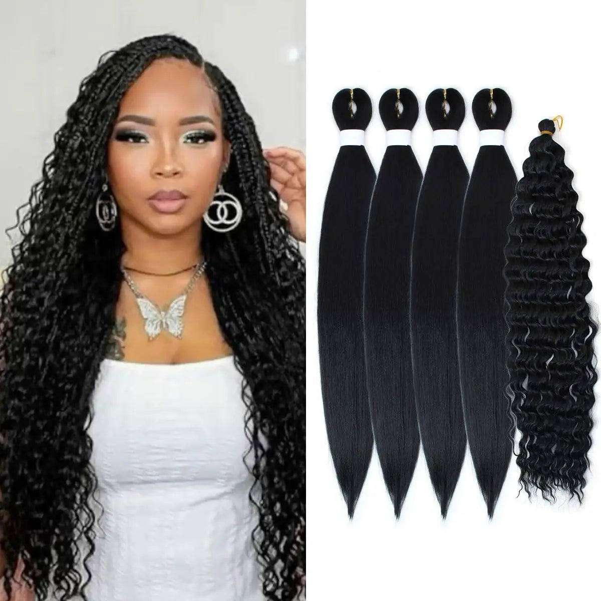 Woman with styled hair next to hair extensions on a white background