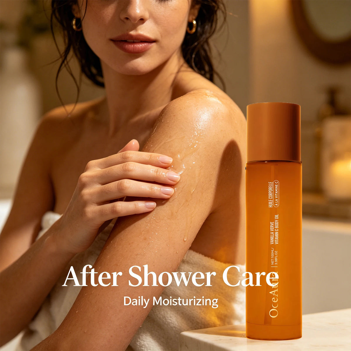 Woman applying moisturizer to her arm with an orange bottle labeled 'Ocea' in the foreground.
