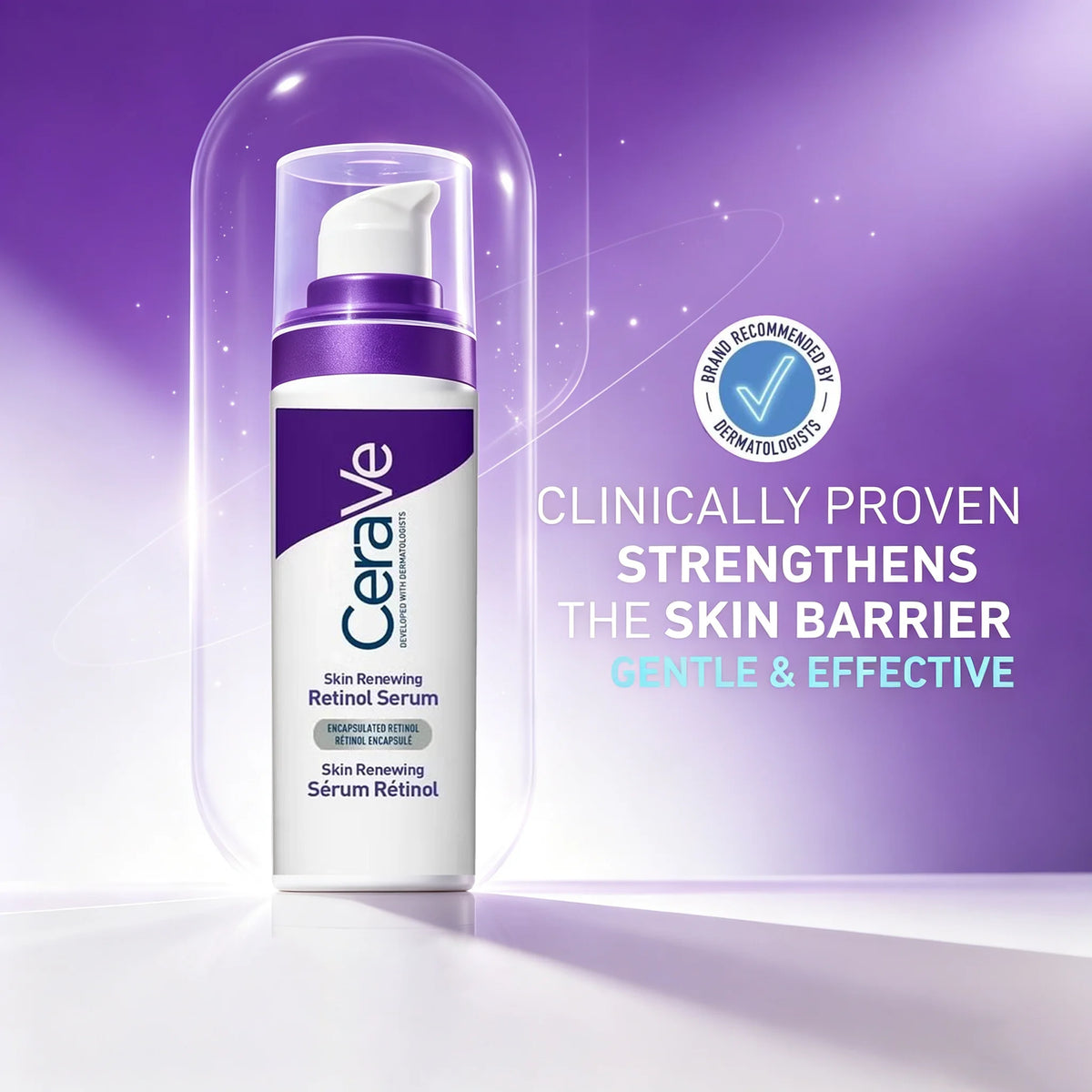CeraVe Skin Renewing Retinol Serum in a white pump bottle with a purple cap, shown under a clear protective capsule on a purple gradient background with marketing text and a dermatologist recommendation badge.