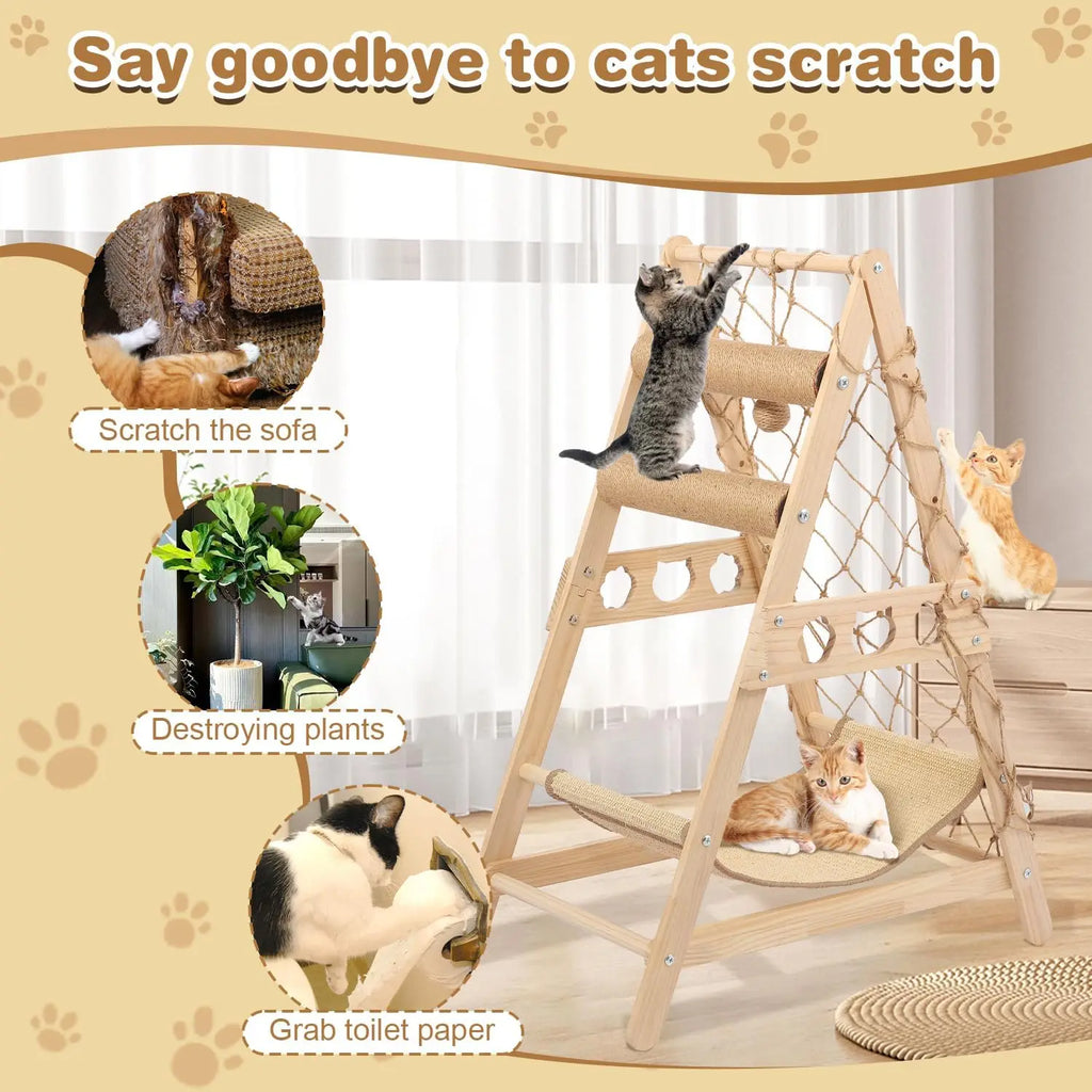 Cat play structure with hammock and climbing elements, featuring text 'Say goodbye to cats scratch'.