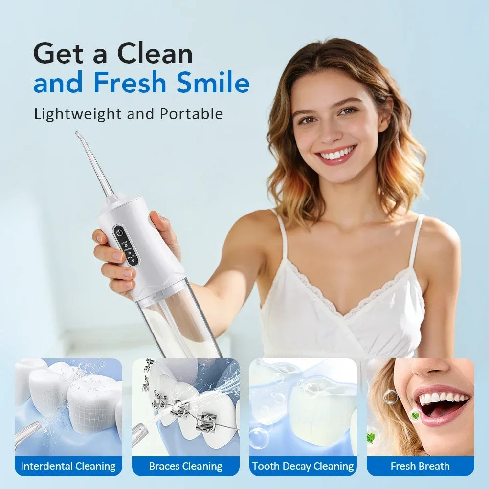 A woman in a white camisole holds a white oral irrigator water flosser against a light blue background. Large text reads 'Get a Clean and Fresh Smile' with smaller copy 'Lightweight and Portable.