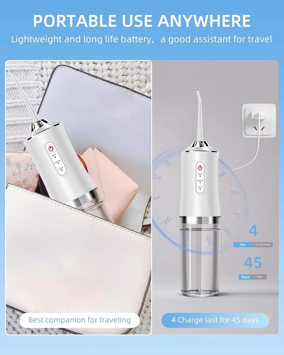 Portable water flosser with charging cable and travel case on a light gray background