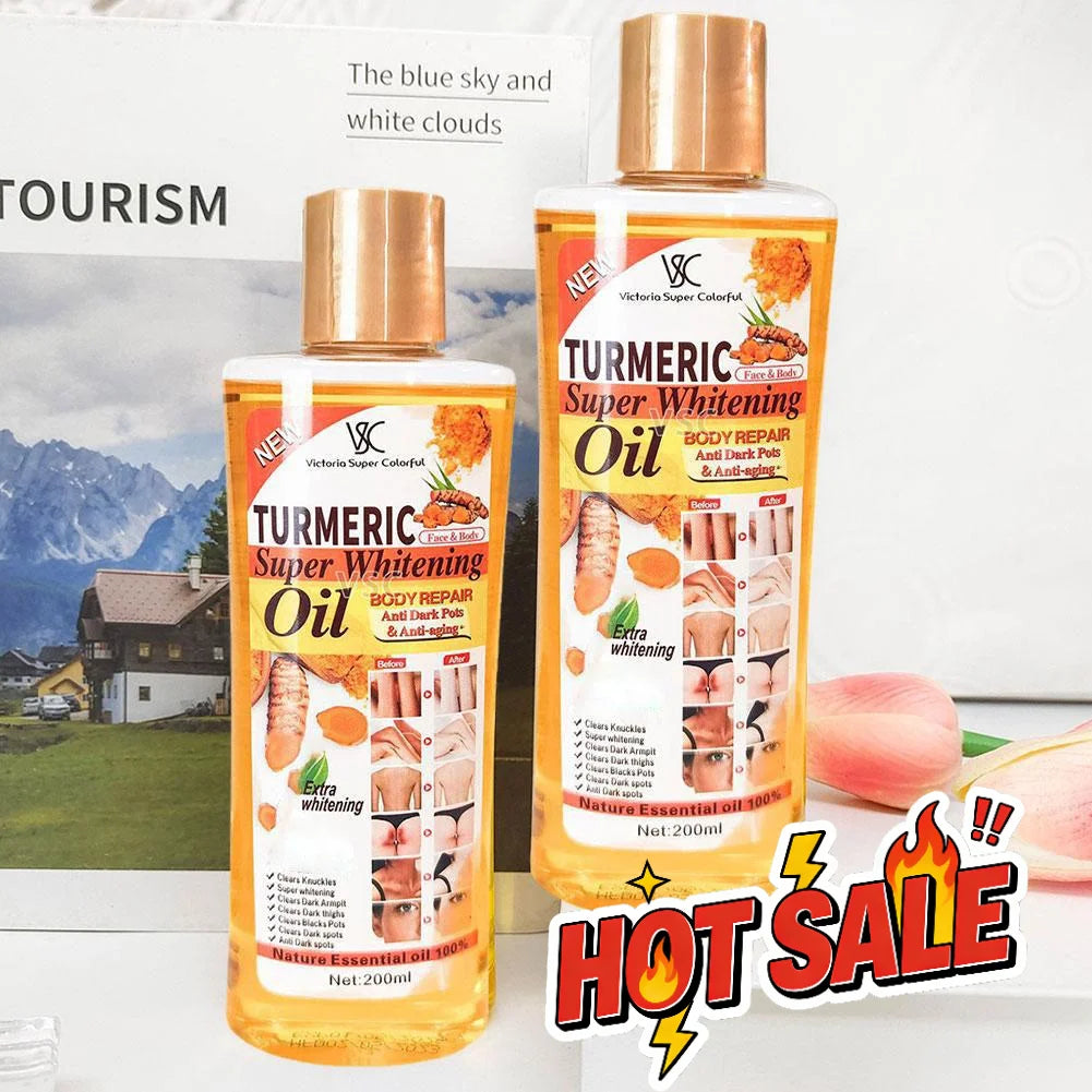 Turmeric super whitening oil bottles with promotional text on a scenic background