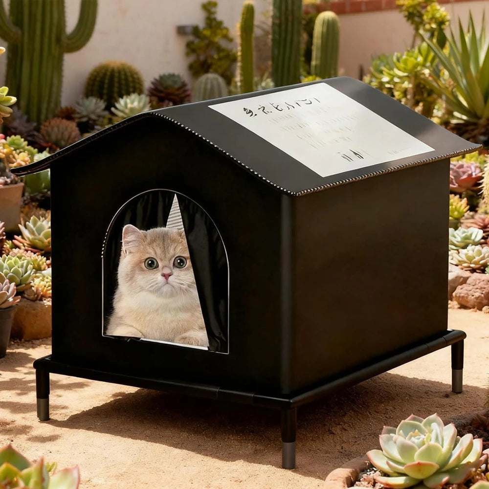 Black pet house with a cat peeking out, surrounded by cacti and succulents.