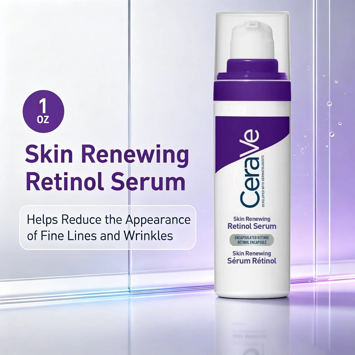 CeraVe Skin Renewing Retinol Serum in a 1 oz pump bottle, shown on a clean white and light purple background with promotional text on the left.