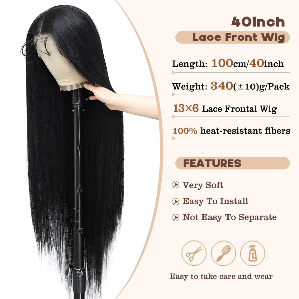 A 40-inch black lace front wig displayed on a mannequin stand with a hand holding a section of the hair. The right side features a beige information panel with product specifications and care icons.