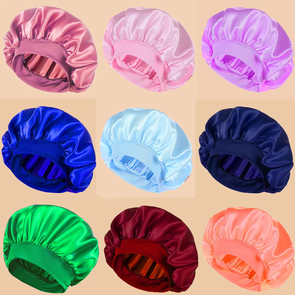 Set of colorful satin bonnets arranged in a 3x3 grid on a beige background.