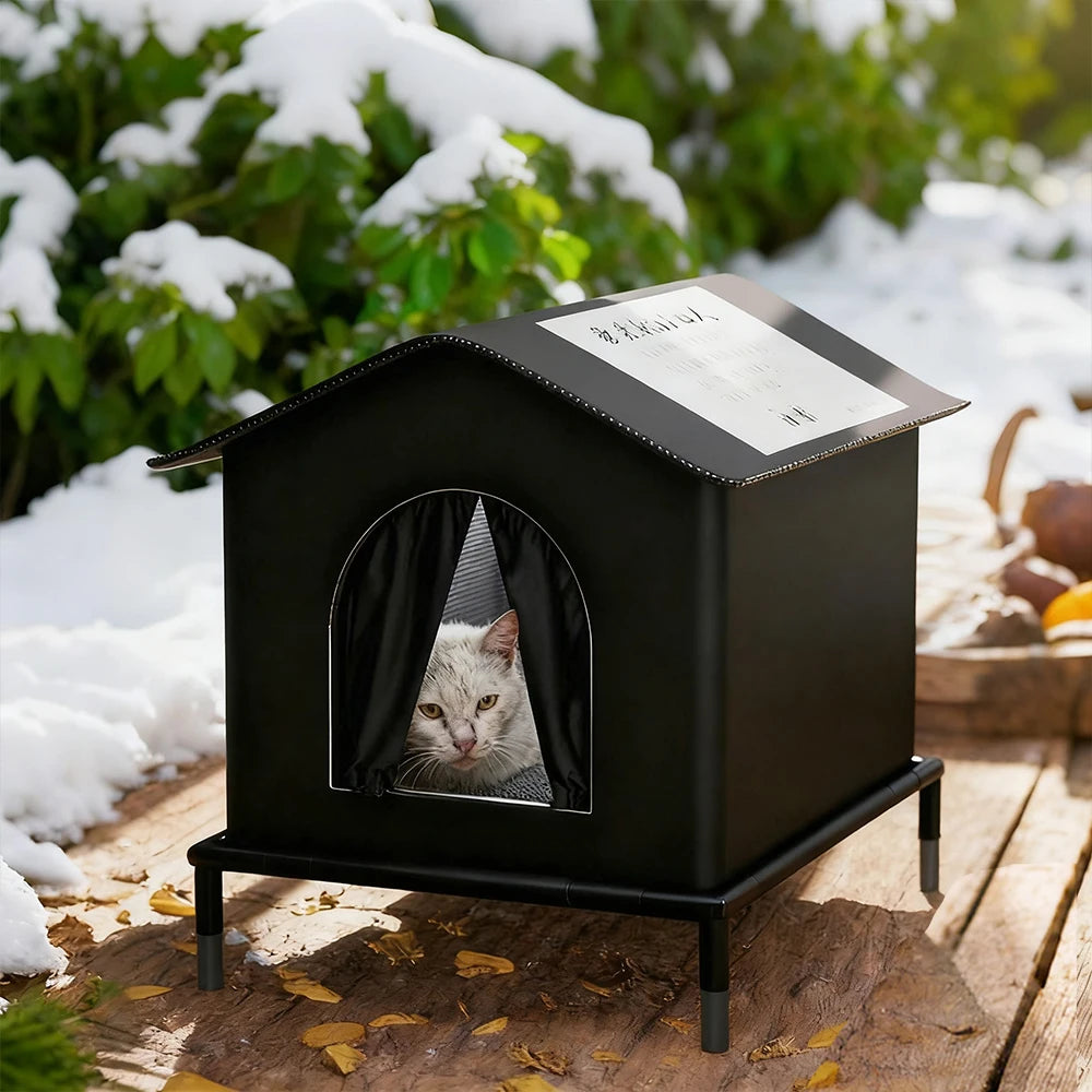 Black outdoor cat house with a cat peeking out, set against a snowy background.
