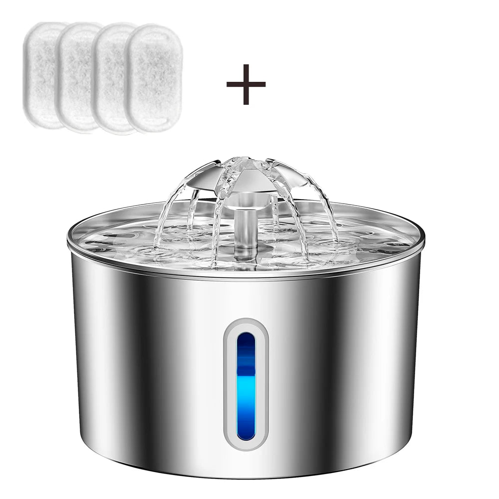 Stainless steel pet water fountain with three filters on a white background