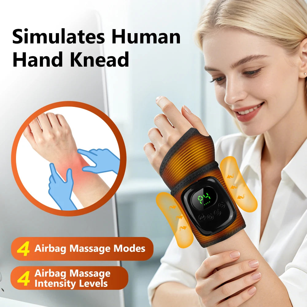 A woman wearing a wrist-mounted airbag massage device on her hand, with promotional text and an inset showing the device simulating hand kneading. The product is shown on a person in a real setting, so this is Lifestyle rather than Product/Packaging.