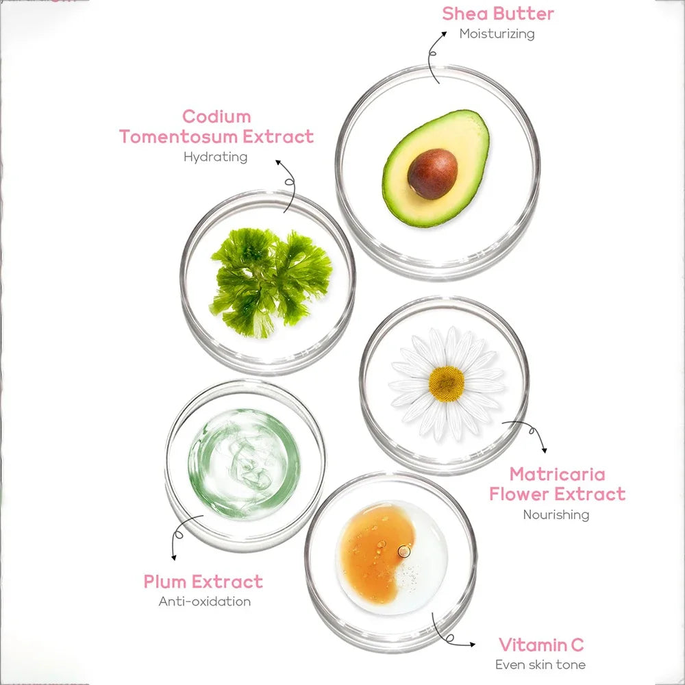 Illustration of various natural ingredients in glass bowls with labels on a white background