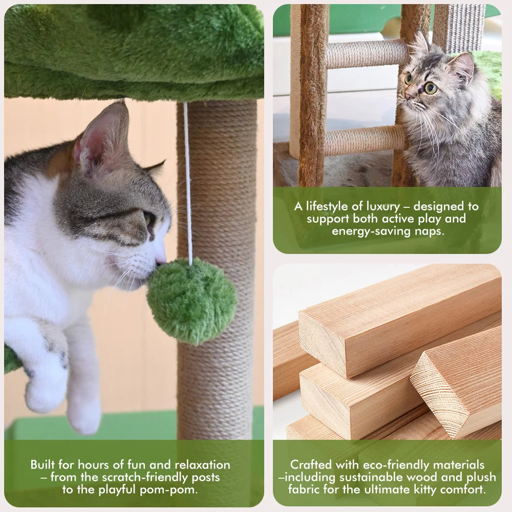 Collage of a cat playing with a green ball on a scratching post, surrounded by wooden blocks and text about eco-friendly materials.