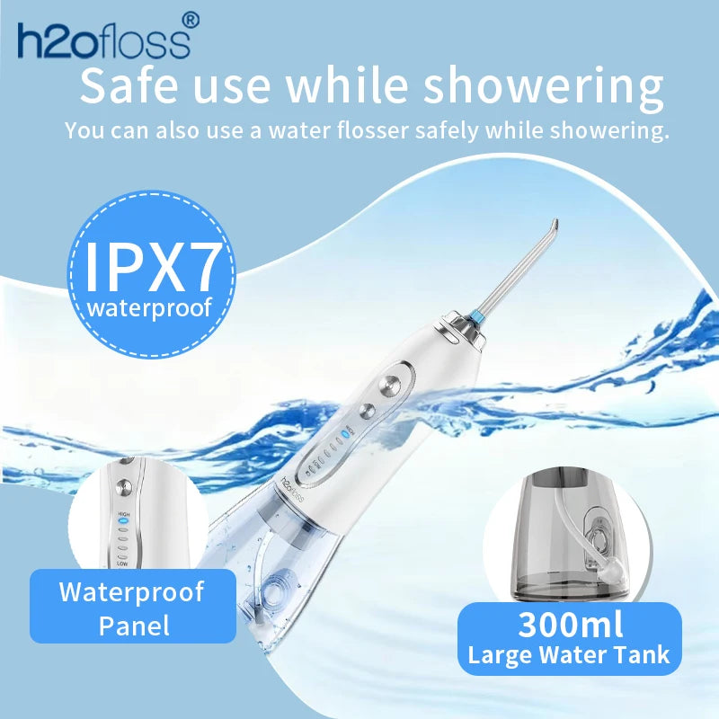 h2ofloss water flosser with features highlighted on a blue background