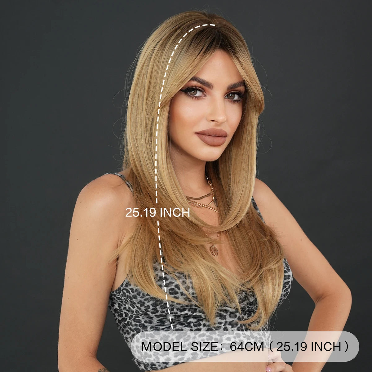 A woman modeling a shoulder-length blonde wig with subtle darker roots, shown against a dark gray background with white measurement overlays indicating 25.19 inches length and 64 cm model size.