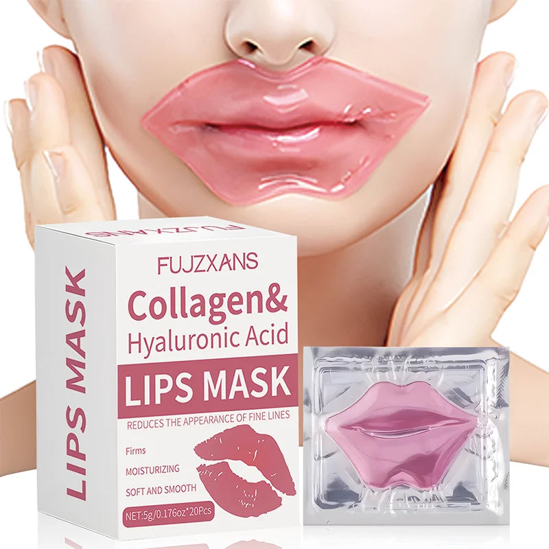 Collagen and hyaluronic acid lips mask packaging with a close-up of lips.