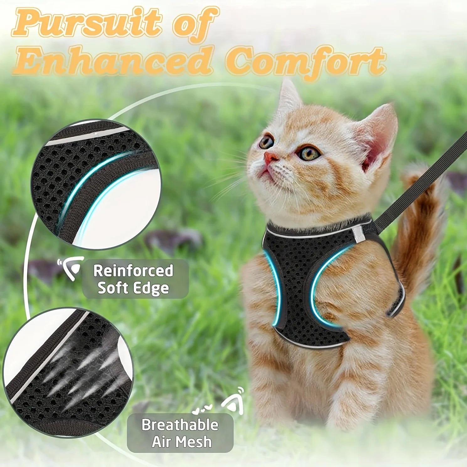Cat wearing a harness with text highlighting features like 'Reinforced Soft Edge' and 'Breathable Air Mesh'.