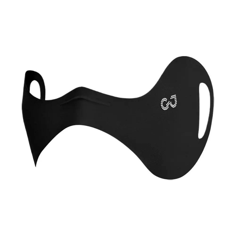 Black face mask with a brand logo on a white background