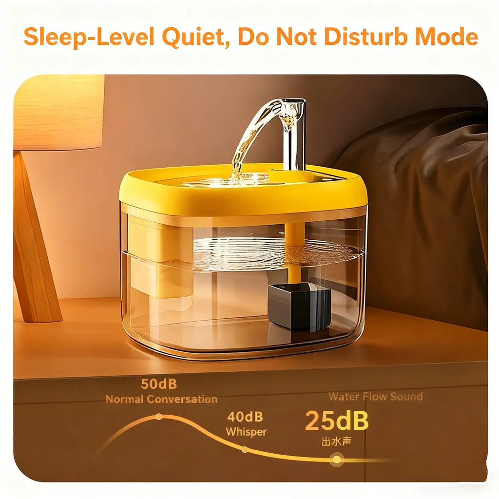 Yellow and transparent pet water fountain on a wooden surface with a brown background