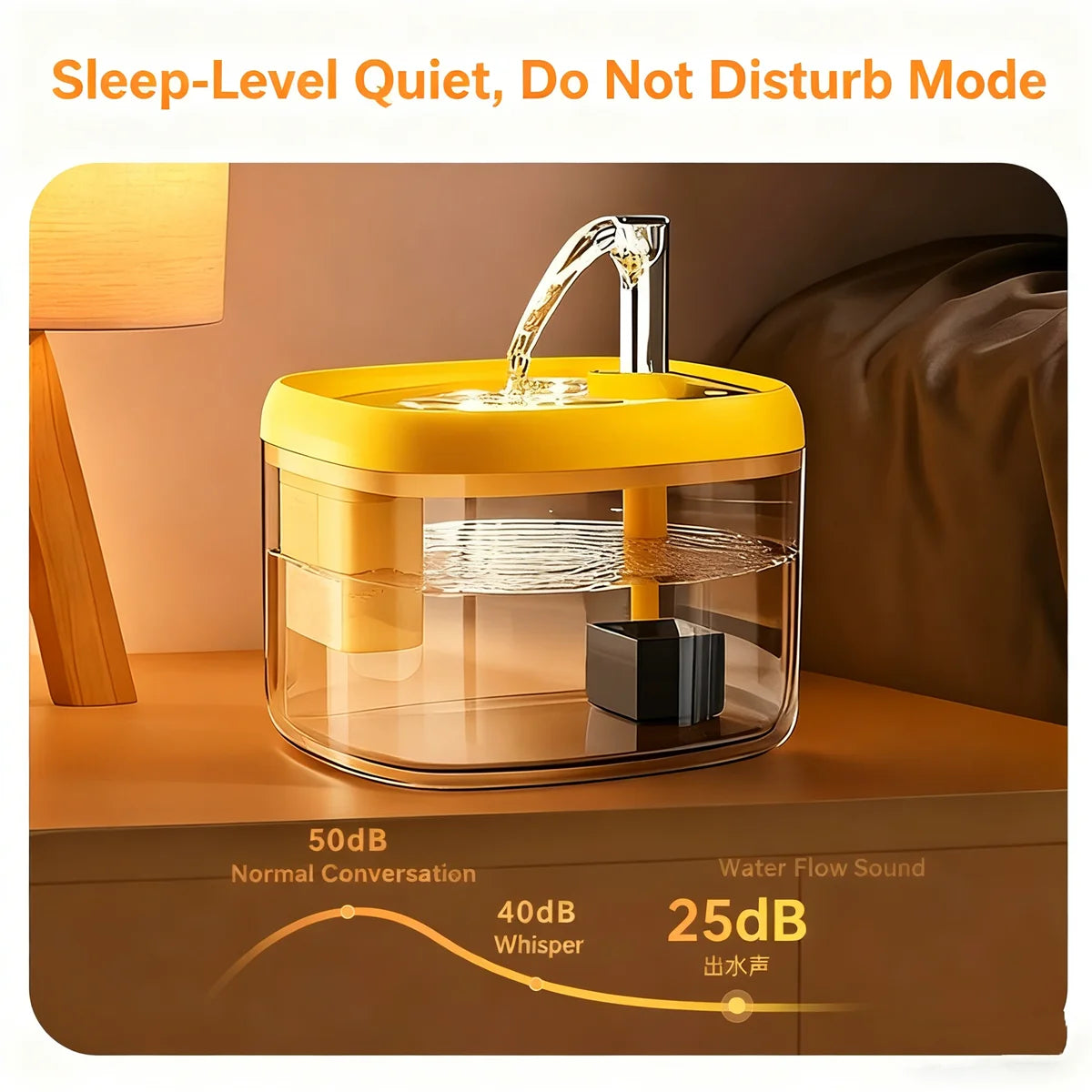 Yellow and transparent pet water fountain on a wooden surface with a brown background