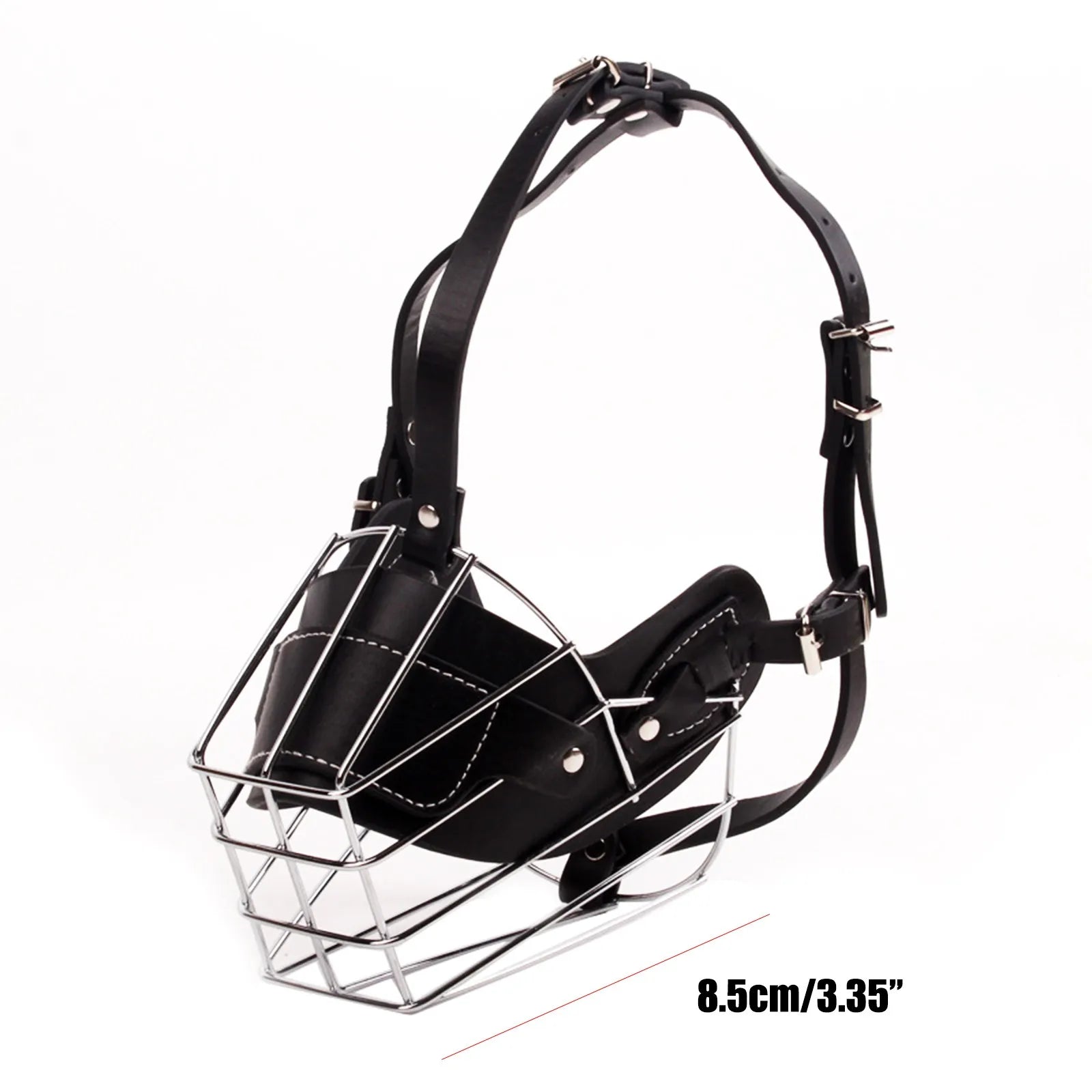 Black leather dog muzzle with metal wire cage on a white background