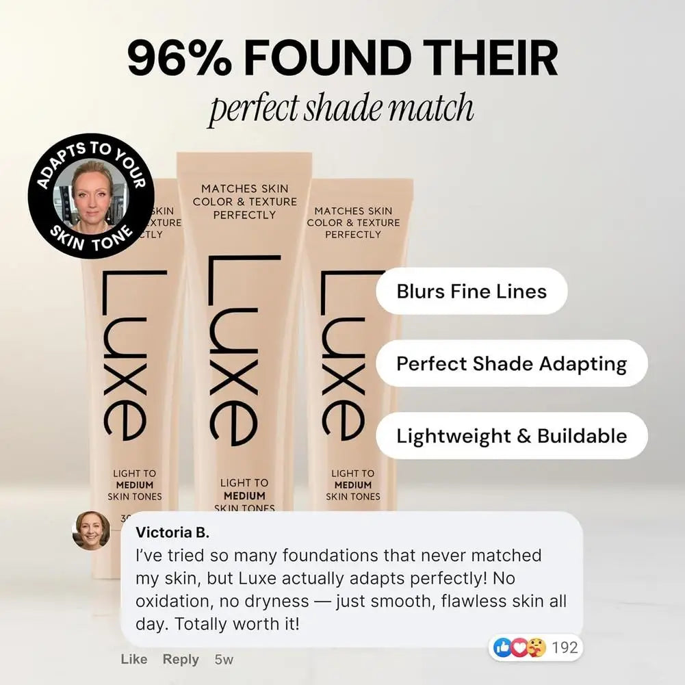 Luxe foundation tubes with product features and customer testimonials on a light gray background