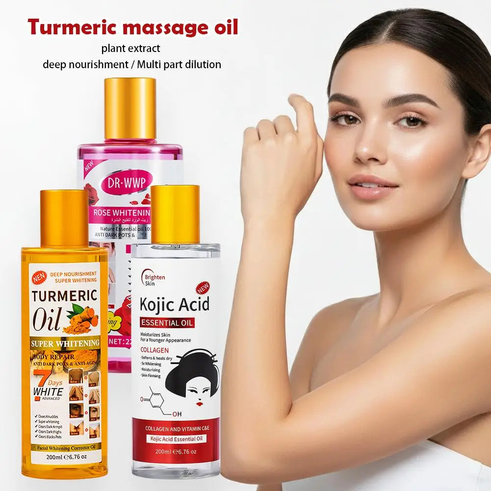 Turmeric massage oil and Kojic Acid product with a woman pointing to her arm