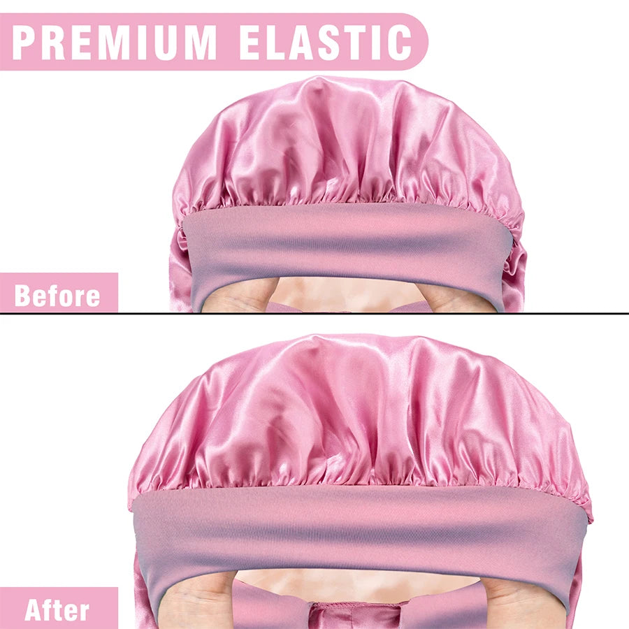 Comparison of a pink satin headband with and without premium elastic on a white background.