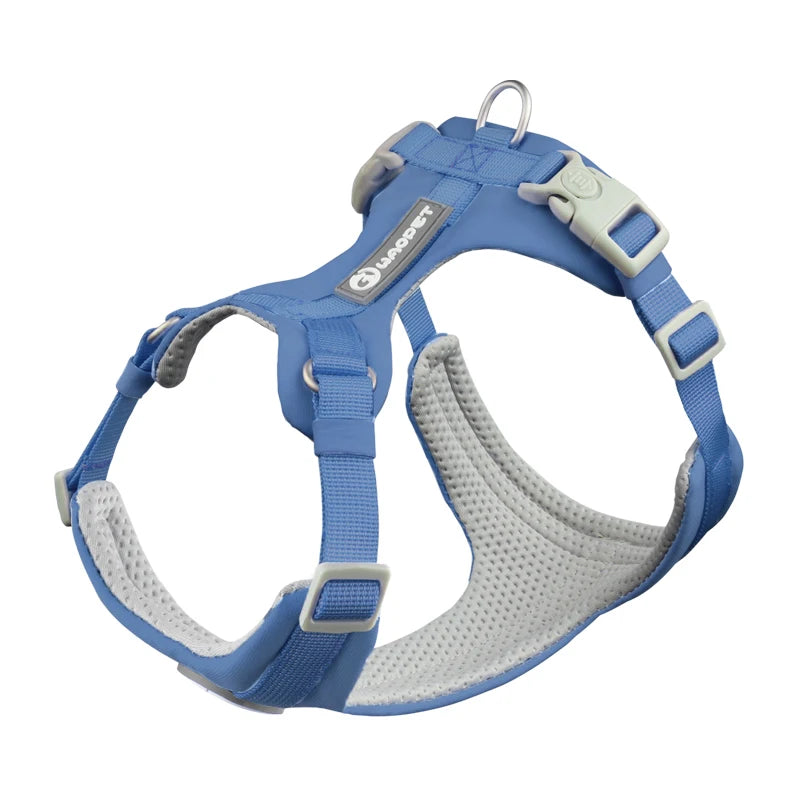 Blue dog harness with gray padding on a white background