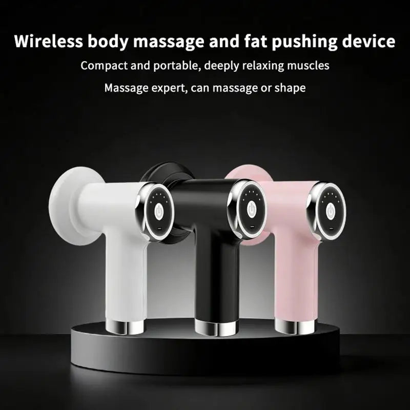 Three handheld wireless body massage devices displayed on a black charging stand against a dark background, with white promotional text at the top describing the device features.