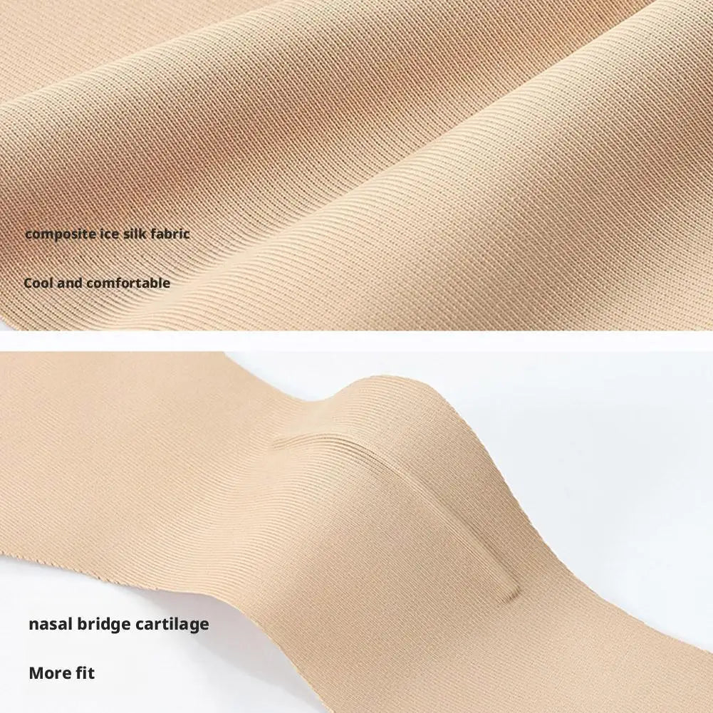 Close-up of beige nasal bridge cartilage with text on fabric and fit.