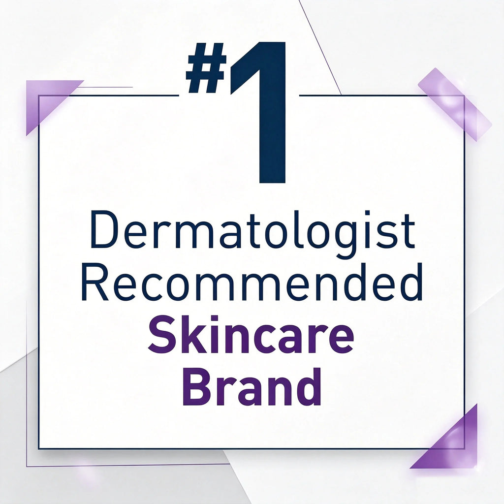 Promotional graphic with the text '#1 Dermatologist Recommended Skincare Brand' on a white card with purple accents and a thin border.