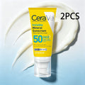 A tube of CeraVe Invisible Mineral Sunscreen SPF 50 Face Lotion 2-pack, shown against a white and light blue background with a cream product smear behind it and '2PCS' text in the upper right.