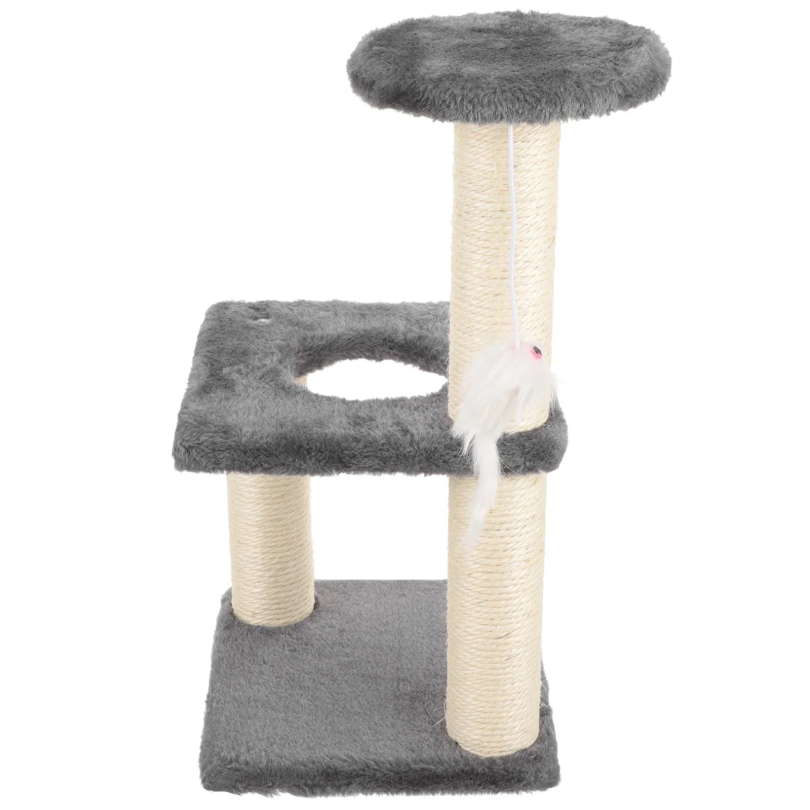 Cat tree with gray cushioned platform and white cat toy on a white background