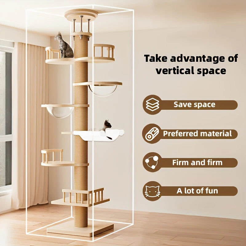 A tall wooden cat tree with sisal-wrapped scratching post and multiple perches, shown in a bright room with a cat on one of the levels. Text on the right says 'Take advantage of vertical space' with feature callouts.
