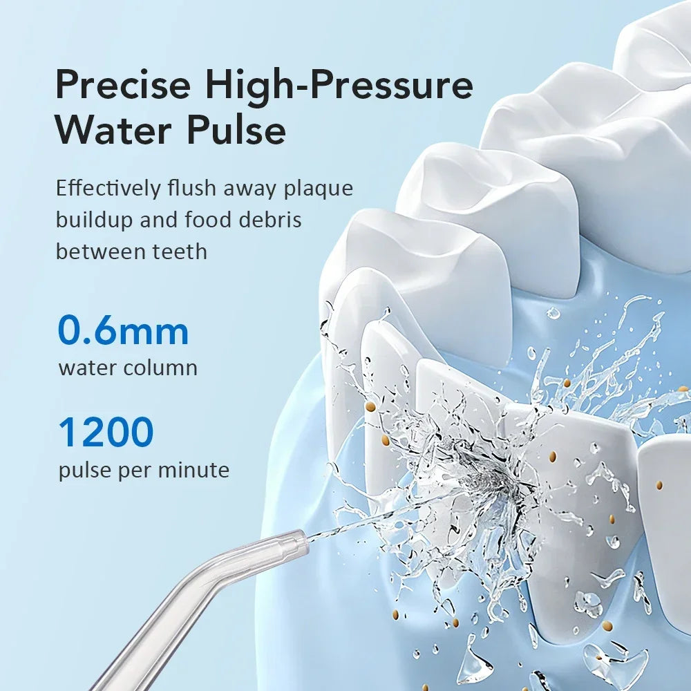 Teeth being cleaned by a high-pressure water pulse with text detailing its effectiveness.