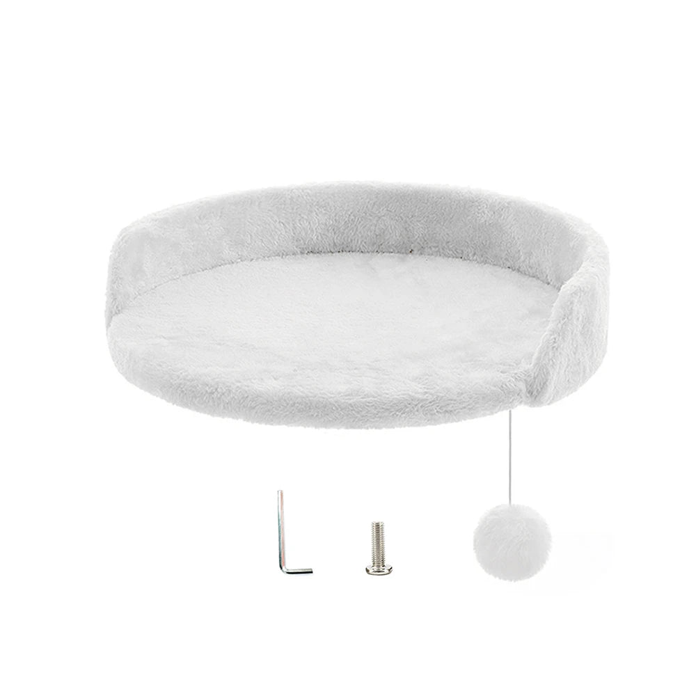 Round gray pet bed with a hanging white ball on a white background