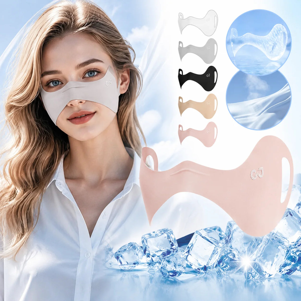 A woman wearing a white cooling face mask over her eyes and nose, with a large pale pink mask overlay and smaller color variants shown on the right. The image includes ice cubes and circular insets showing cooling effects.