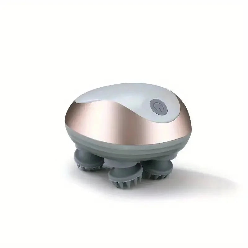 Gray and rose gold handheld massager on a white background