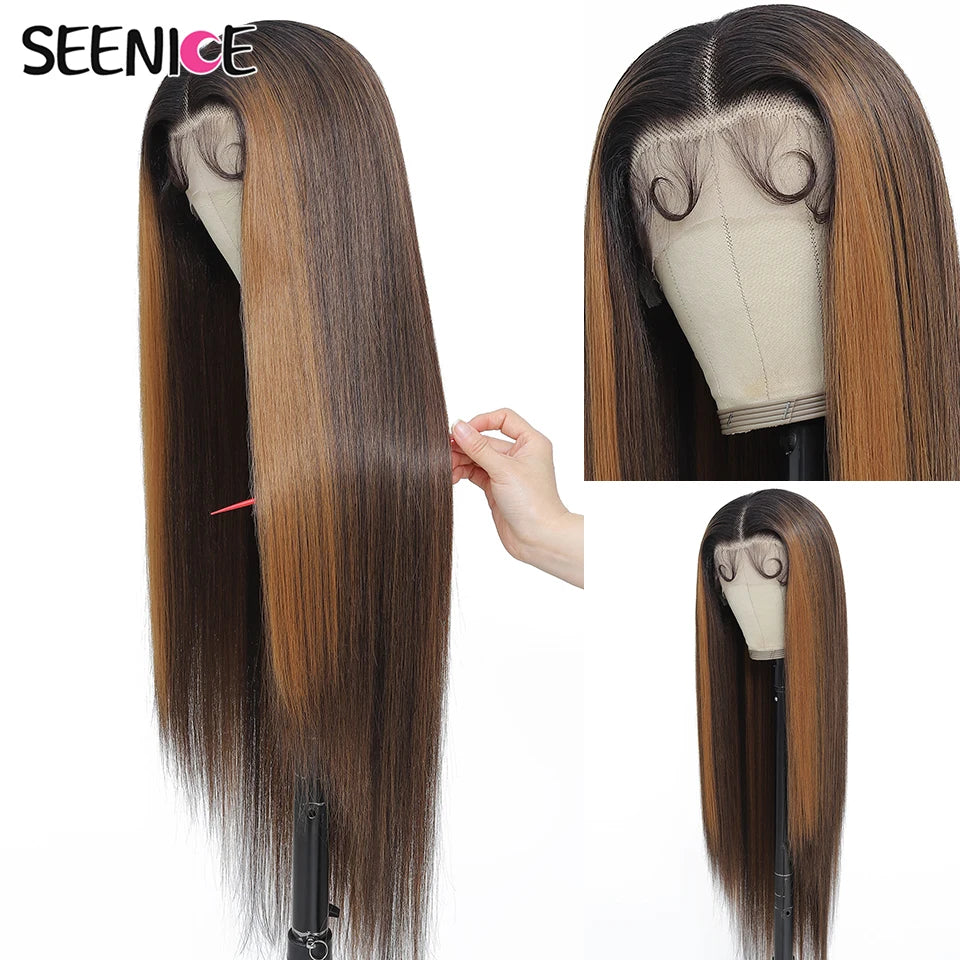 Three views of a long straight wig on a mannequin head against a white background, with a hand holding a section of the hair to show texture. The brand name SEENICE appears in the top left corner.